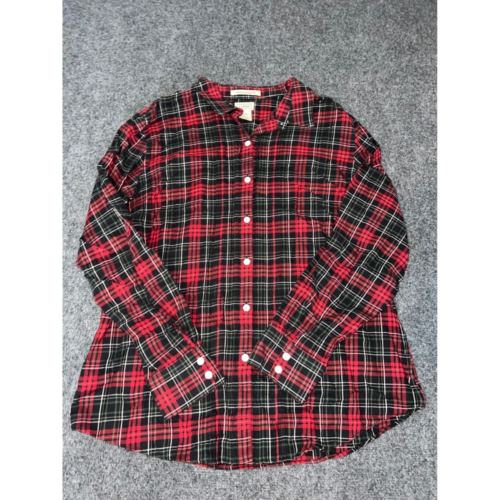 LL Bean Wrinkle Resistant Plaid Button Down Shirt Red Green Merino Wool Large